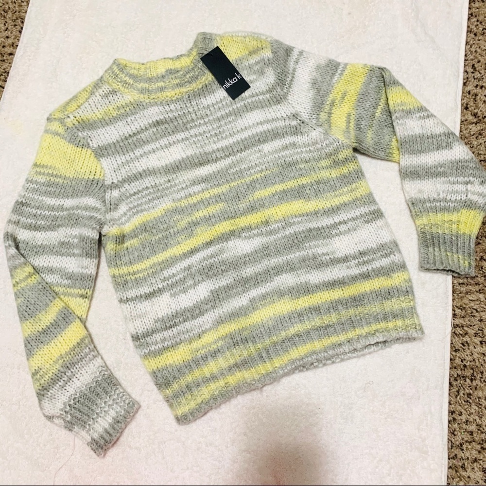 NWT NIKKA K water color striped high neck yellow gray sweater size M